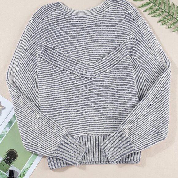 B309 Ashleigh Blue Striped Print Ribbed Knit Boat Neck Baggy Sweater - Picture 4 of 9